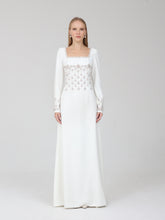 Load image into Gallery viewer, Dina Melwani white crystal-embellished square-neck gown, front view