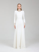 Load image into Gallery viewer, Dina Melwani ivory high-neck gown with gold embroidery, front view