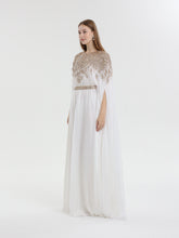 Load image into Gallery viewer, Ivory kaftan, gold crystal shoulders, gold belt
left view
