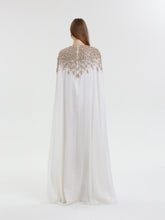 Load image into Gallery viewer, Ivory kaftan, gold crystal shoulders, gold belt
Back view