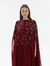 Load image into Gallery viewer, Close-up of embellishment on Dina Melwani burgundy crystal-embroidered kaftan dress