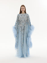 Load image into Gallery viewer, Sky blue tulle kaftan, floral vine beading, feather sleeves
FRONT VIEW