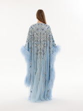 Load image into Gallery viewer, Sky blue tulle kaftan, floral vine beading, feather sleeves
Back view