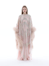 Load image into Gallery viewer, Dina Melwani blush feather-trimmed leaf-embroidered kaftan, front view