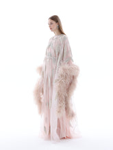 Load image into Gallery viewer, Dina Melwani blush feather-trimmed leaf-embroidered kaftan, side view