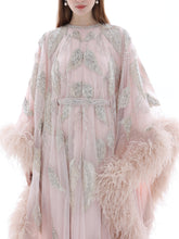 Load image into Gallery viewer, Close-up of embellishment on Dina Melwani blush feather-trimmed leaf-embroidered kaftan