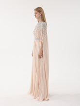 Load image into Gallery viewer,
Dina Melwani blush silk cape kaftan, left view with floor-length sleeves