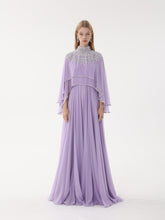 Load image into Gallery viewer, Dina Melwani lilac crystal-embellished high-neck cape gown, front view