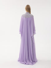 Load image into Gallery viewer, Dina Melwani lilac crystal-embellished high-neck cape gown, back view