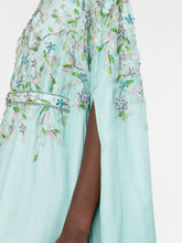 Load image into Gallery viewer, Close-up of embellishment on Dina Melwani aqua floral-embroidered kaftan dress
