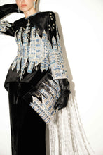 Load image into Gallery viewer, Elegant black and silver dress with intricate detailing on a white background