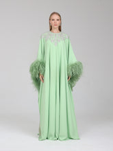 Load image into Gallery viewer, Dina Melwani green crystal-embellished feather-cuff kaftan, front view