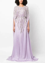 Load image into Gallery viewer, Dina Melwani lilac leaf-embroidered kaftan dress, front view