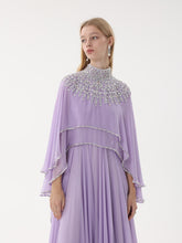 Load image into Gallery viewer, Close-up of embellishment on Dina Melwani lilac crystal-embellished high-neck cape gown