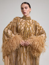 Load image into Gallery viewer, Close-up of embellishment on Dina Melwani gold sequin high-neck feather-cuff kaftan