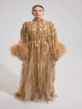 Load image into Gallery viewer, Dina Melwani gold sequin high-neck feather-cuff kaftan, front view