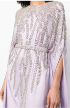 Load image into Gallery viewer, Close-up of embellishment on Dina Melwani lilac leaf-embroidered kaftan dress