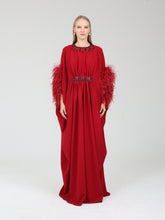 Load image into Gallery viewer, Dina Melwani red feather-trimmed draped kaftan dress, front view
