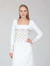 Load image into Gallery viewer, Close-up of embellishment on Dina Melwani white crystal-embellished square-neck gown
