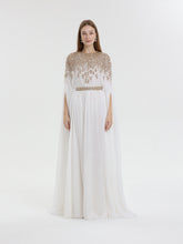 Load image into Gallery viewer, Ivory kaftan, gold crystal shoulders, gold belt
Front view
