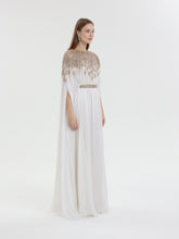 Load image into Gallery viewer, Ivory kaftan, gold crystal shoulders, gold belt
