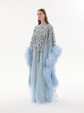 Load image into Gallery viewer, Sky blue tulle kaftan, floral vine beading, feather sleeves
Left view
