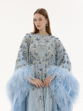 Load image into Gallery viewer, Sky blue tulle kaftan, floral vine beading, feather sleeves
Detail view
