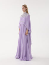 Load image into Gallery viewer, Dina Melwani lilac crystal-embellished high-neck cape gown, side view
