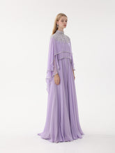 Load image into Gallery viewer, Dina Melwani lilac crystal-embellished high-neck cape gown, side view
