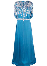 Load image into Gallery viewer, Dina Melwani cobalt blue floral-embroidered kaftan dress, front view
