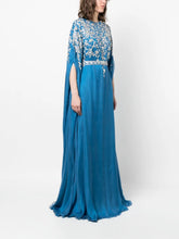 Load image into Gallery viewer, Close-up of embellishment on Dina Melwani cobalt blue floral-embroidered kaftan dress
