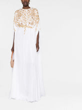 Load image into Gallery viewer, Dina Melwani white gold floral-embroidered kaftan dress, front view

